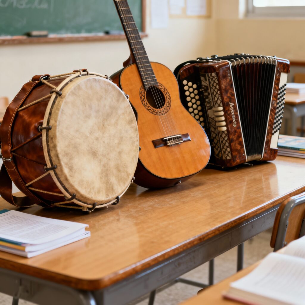Fotografías de bombo legüero, guitarra criolla y bandoneón utilizados para enseñar el folclore argentino en Chile.