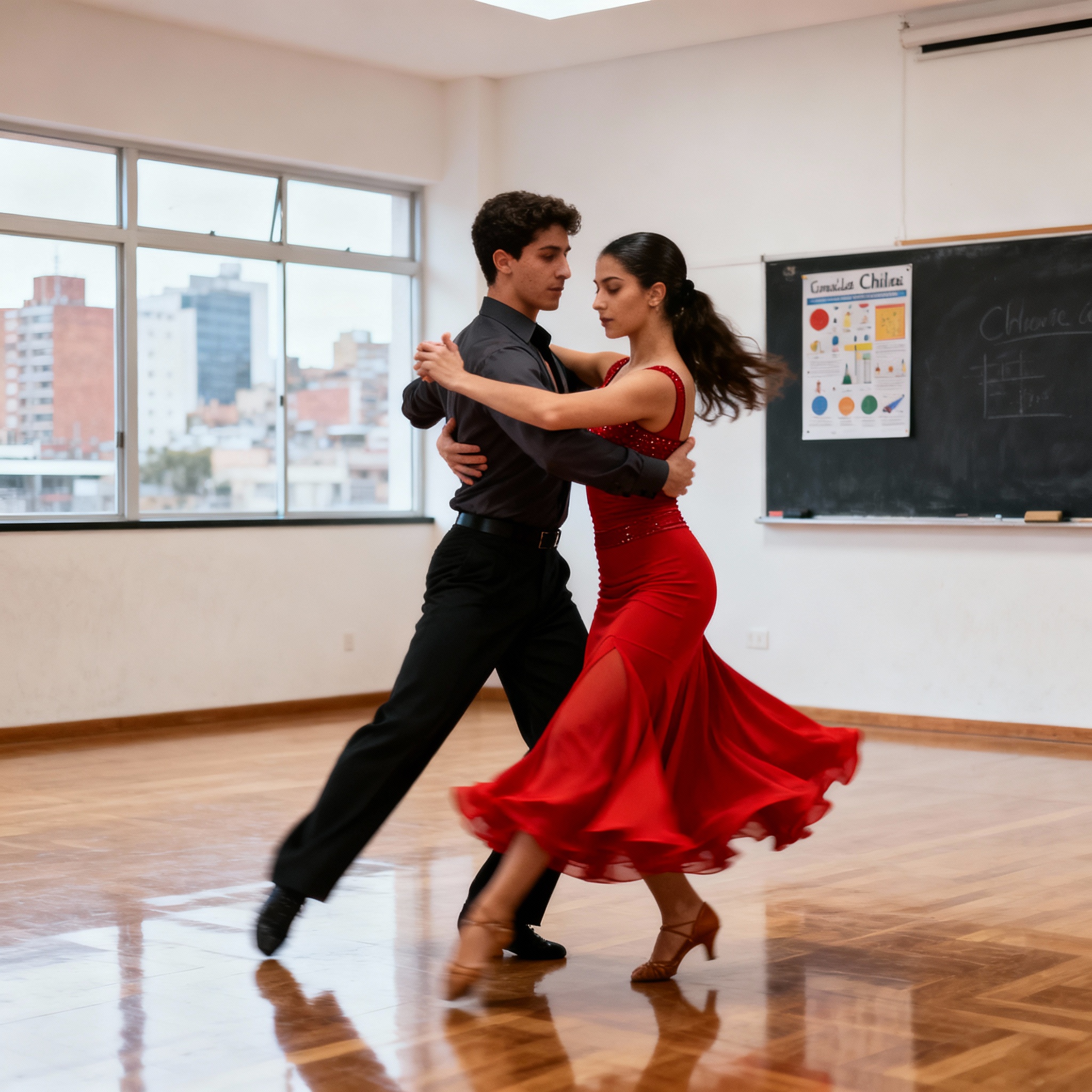 Pareja de estudiantes chilenos bailando tango como parte de la enseñanza del folclore argentino en el aula.