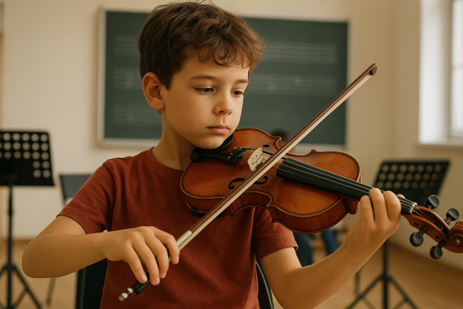 Niño tocando un violín en clase, representando la importancia de la música en el desarrollo cognitivo infantil