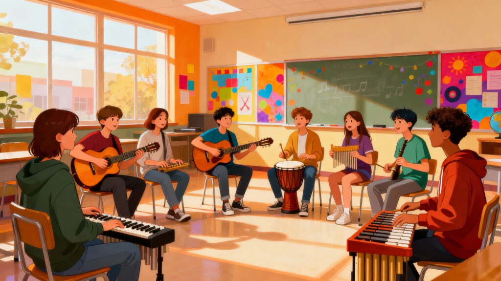 Sesión de musicoterapia en aula educativa donde jóvenes usan instrumentos musicales para la prevención del abuso de drogas.