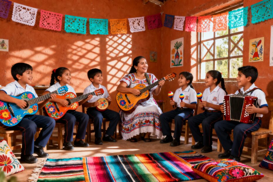 Estudiantes de una escuela rural participando en clases de educación musical en México