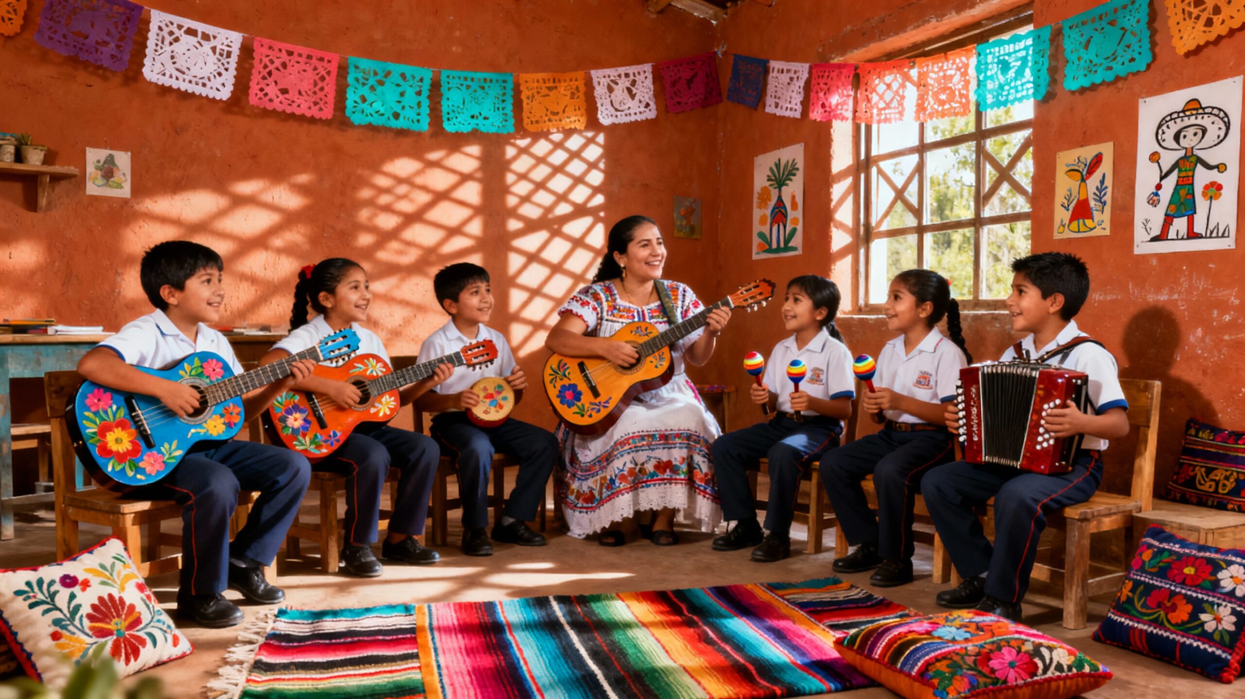 Estudiantes de una escuela rural participando en clases de educación musical en México