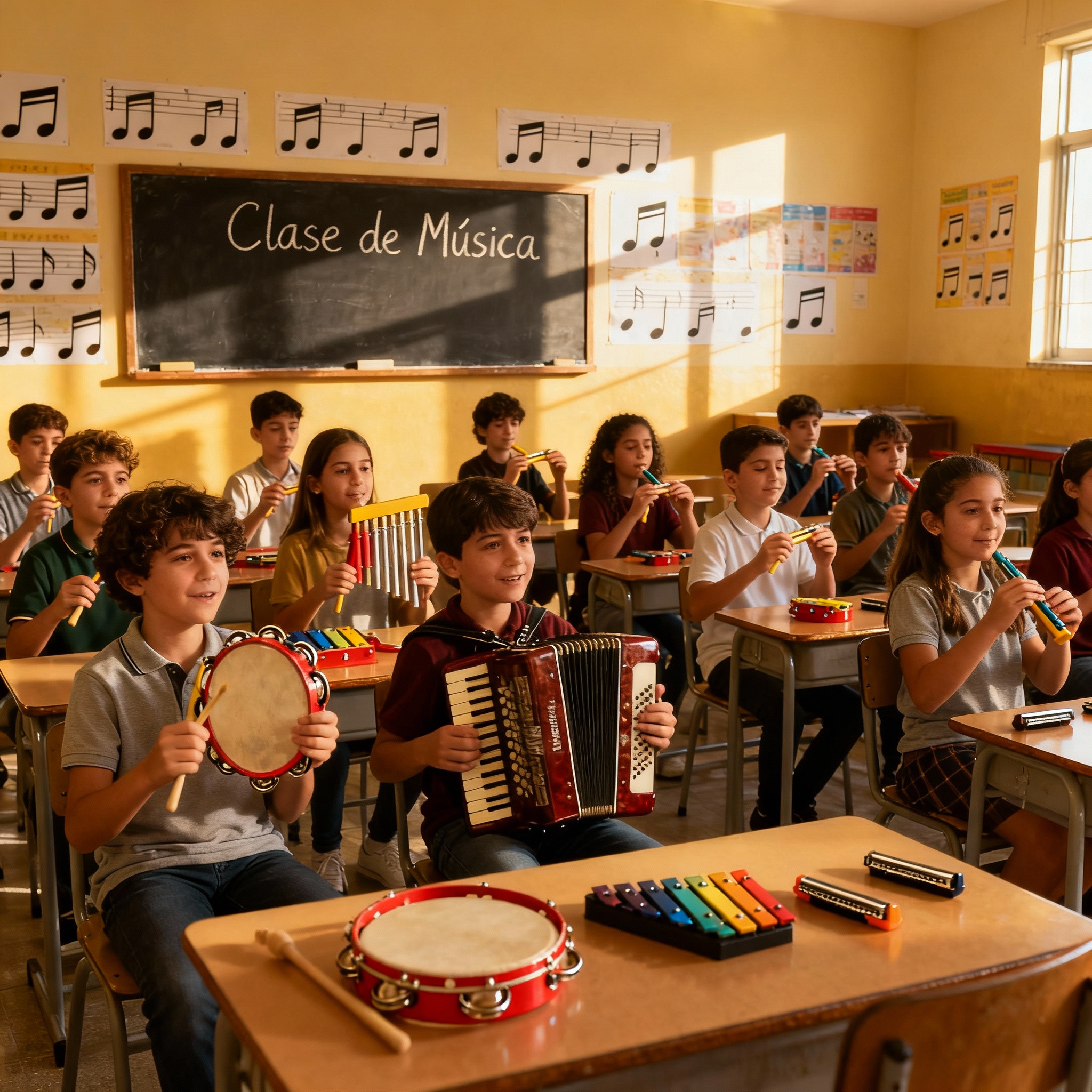 Estudiantes participando en una clase de educación musical con instrumentos escolares