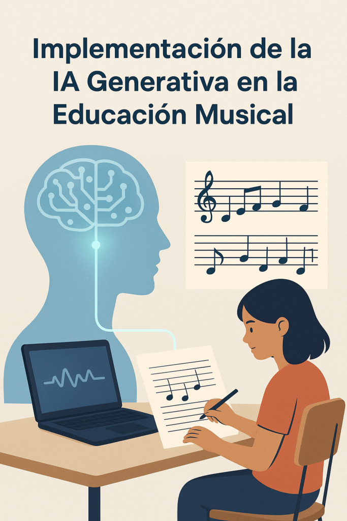 Representación gráfica de una inteligencia artificial generando partituras musicales personalizadas para estudiantes.