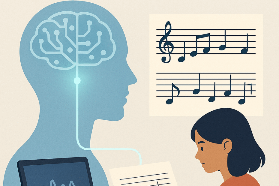 Representación gráfica de una inteligencia artificial generando partituras musicales personalizadas para estudiantes.