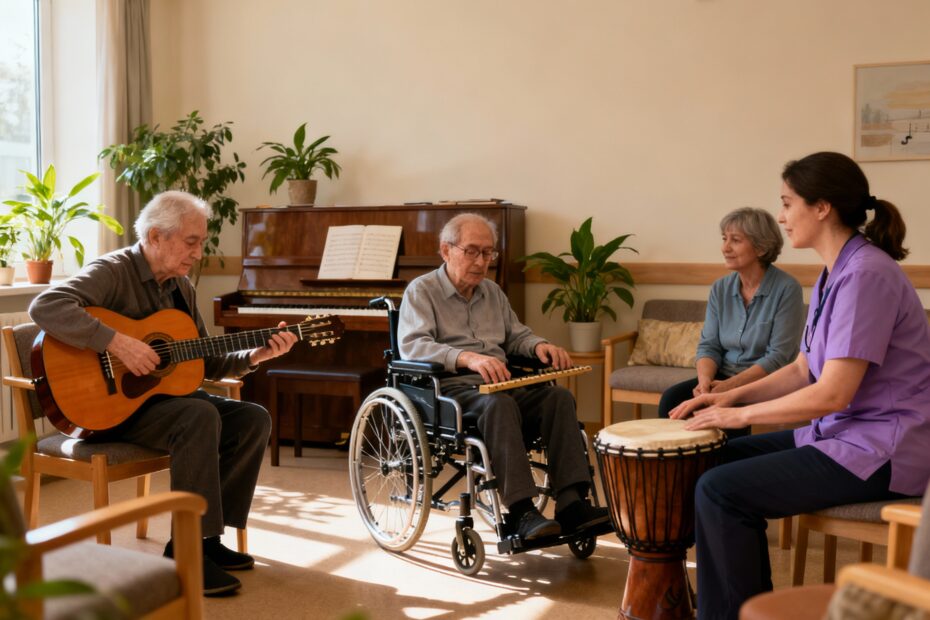cientes con ELA participando en una sesión de musicoterapia para mejorar su bienestar físico y emocional mediante la música.