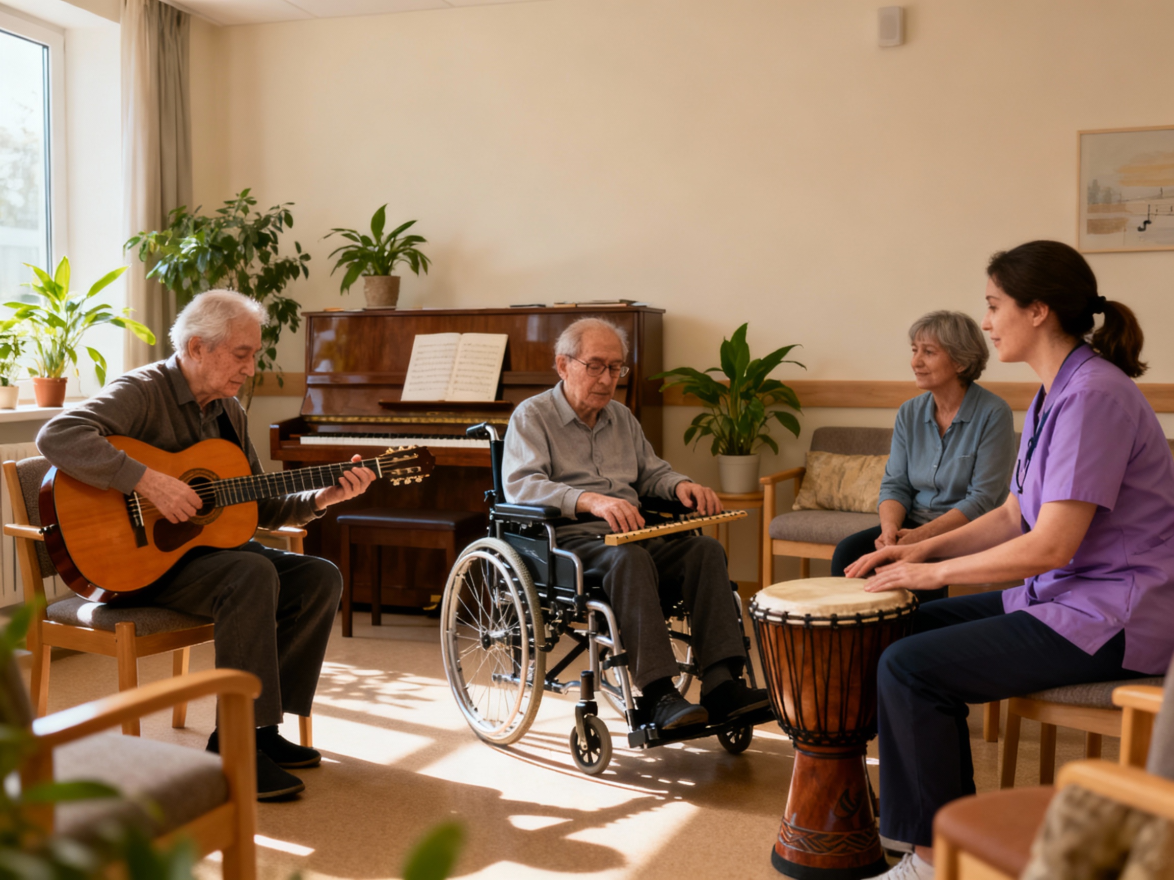 cientes con ELA participando en una sesión de musicoterapia para mejorar su bienestar físico y emocional mediante la música.