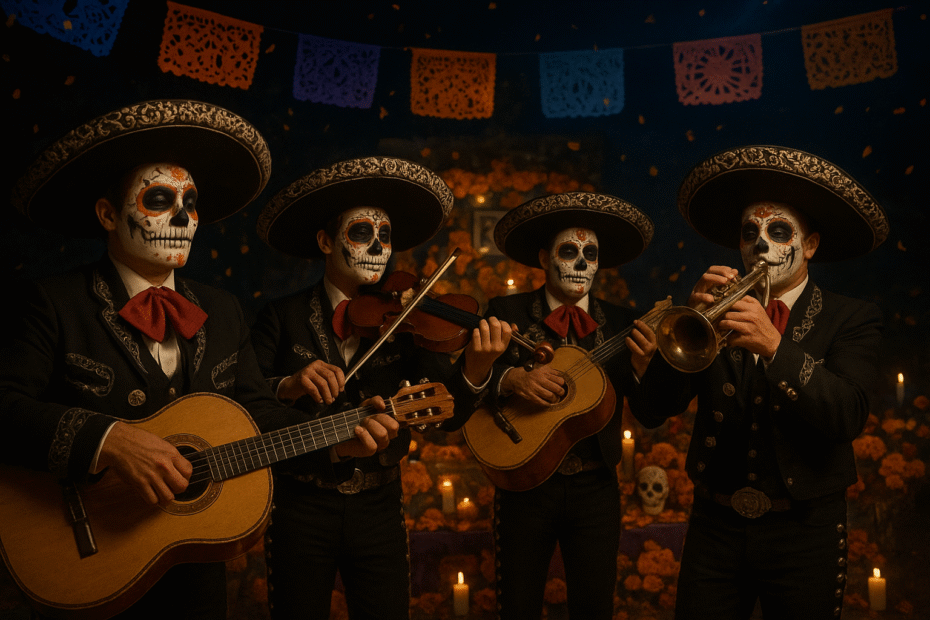 Cuatro músicos de mariachi con maquillaje de calavera tocan guitarra, violín, vihuela y trompeta frente a un altar de Día de los Muertos decorado con flores de cempasúchil, velas encendidas y papel picado bajo un cielo nocturno.